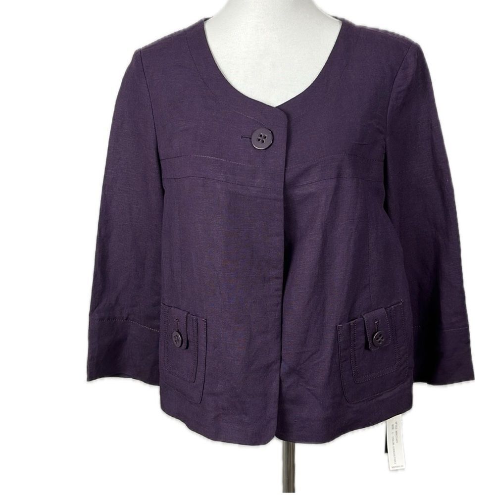 Larry Levine Purple Linen Blend Short Blazer Size L 3/4 Sleeve Boxy Retro Chic